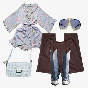 Vintage floral robe ruffles papillon cover up beach cover cardigan belted